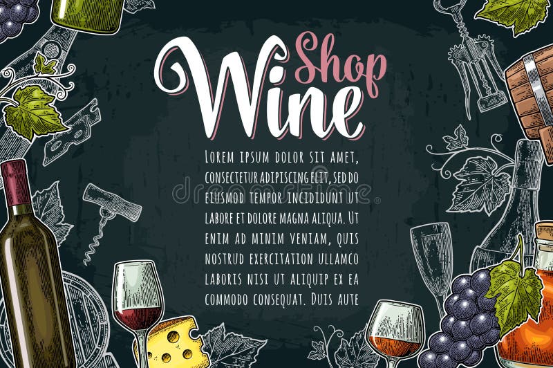 Etichetta o manifesto orizzontale Iscrizione del negozio di vino Incisione d'annata di vettore illustrazione di stock Etichetta o manifesto orizzontale Iscrizione del negozio di vino Incisione d'annata di vettore illustrazione di stock