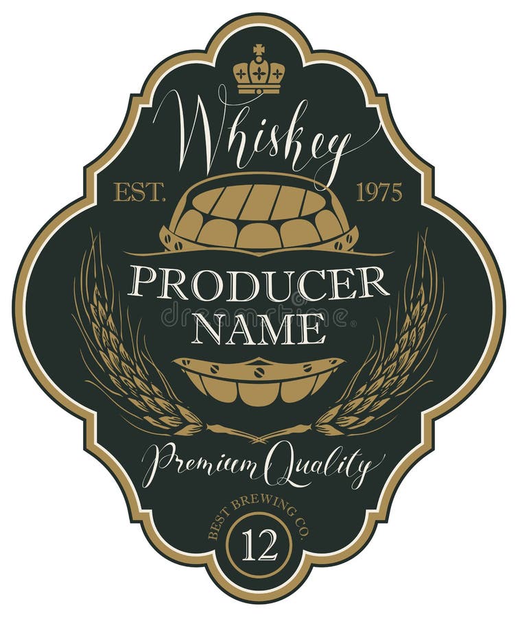 Etichetta per whiskey con le orecchie di orzo e del barilotto illustrazione vettoriale Etichetta per whiskey con le orecchie di orzo e del barilotto illustrazione vettoriale