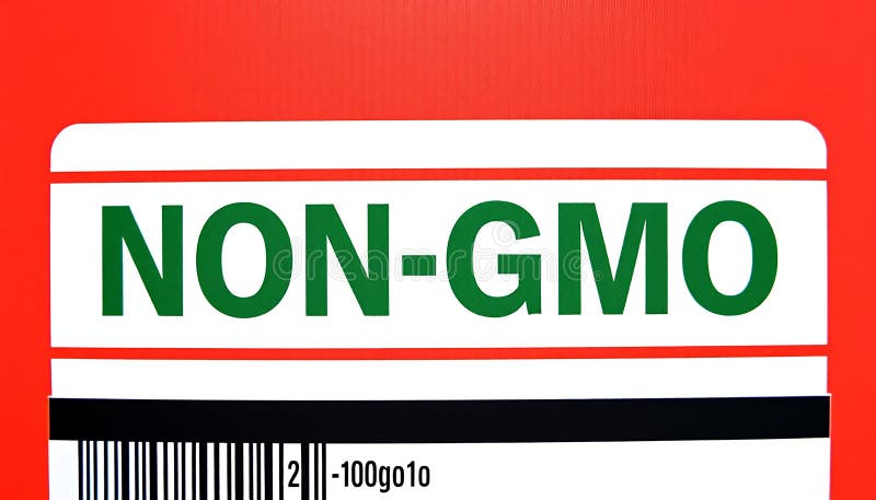 Etichettatura non OGM - Certificazione dei prodotti alimentari e scelta alimentare sana - AI generative. Un'etichetta non OGM è esposta in modo visibile che indica la certificazione dei prodotti alimentari e una scelta sana per i consumatori che cercano ingredienti naturali e non modificati e l'etichettatura dei prodotti Generative AI