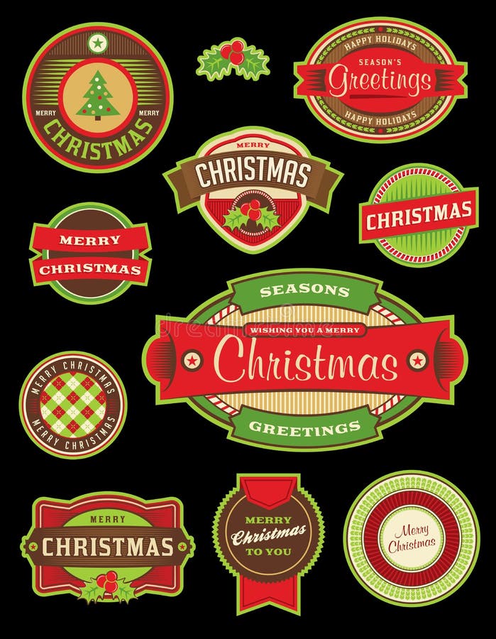 Etichette d'annata e distintivi di festa di Natale illustrazione di stock Etichette d'annata e distintivi di festa di Natale illustrazione di stock