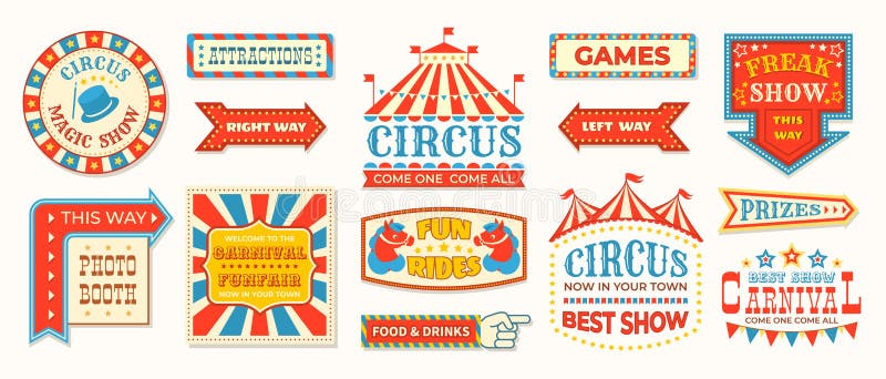 Etichette del circo I retro segni dell'insegna di carnevale, strutture magiche d'annata ed elementi delle frecce, accolgono favor