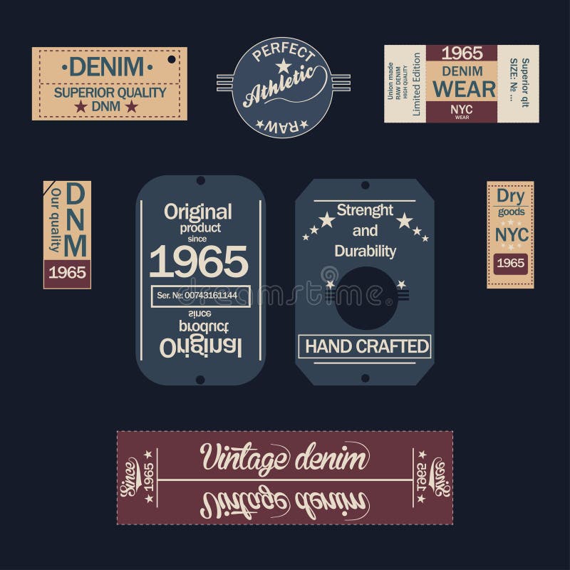 Etichette del denim su fondo scuro illustrazione vettoriale Etichette del denim su fondo scuro illustrazione vettoriale