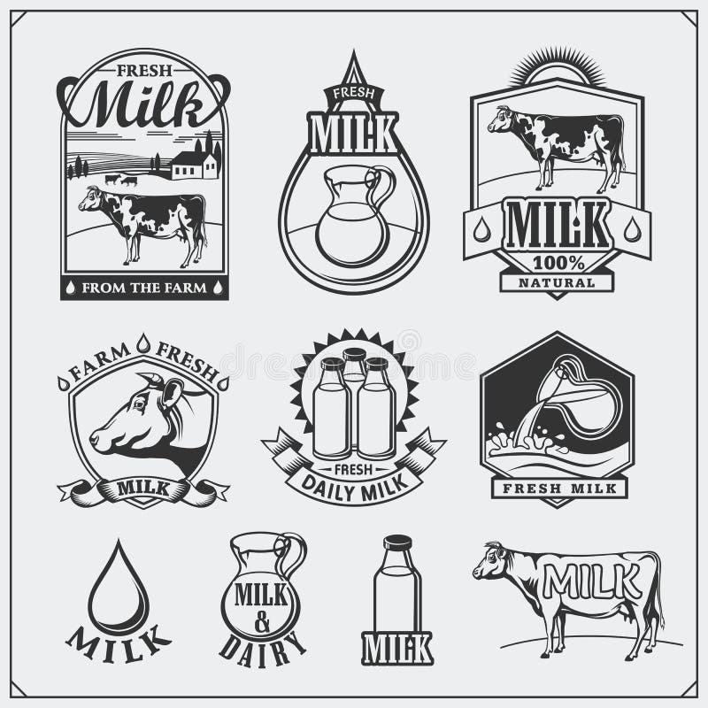 Etichette del latte del ` s della mucca, emblemi, icone ed elementi di progettazione Latte fresco dall'azienda agricola illustrazione di stock Etichette del latte del ` s della mucca, emblemi, icone ed elementi di progettazione Latte fresco dall'azienda agricola illustrazione di stock