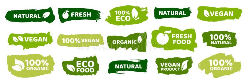 Etichette dell'alimento biologico Prodotti vegetariani di eco fresco, etichetta del vegano ed insieme sano di vettore dei distint illustrazione di stock