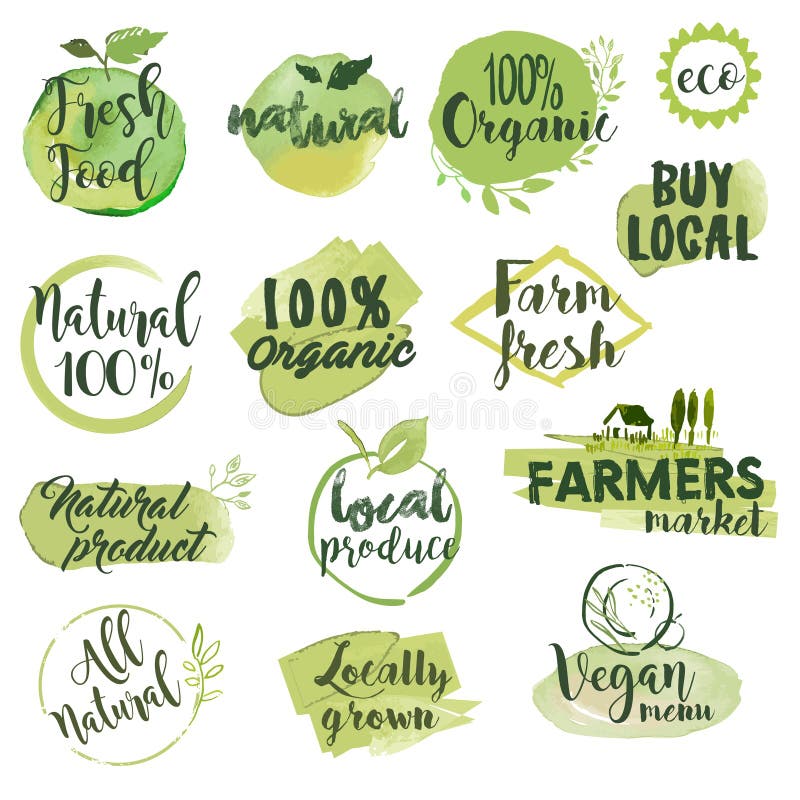 Etichette e distintivi disegnati a mano dell'acquerello per alimento biologico illustrazione di stock Etichette e distintivi disegnati a mano dell'acquerello per alimento biologico illustrazione di stock