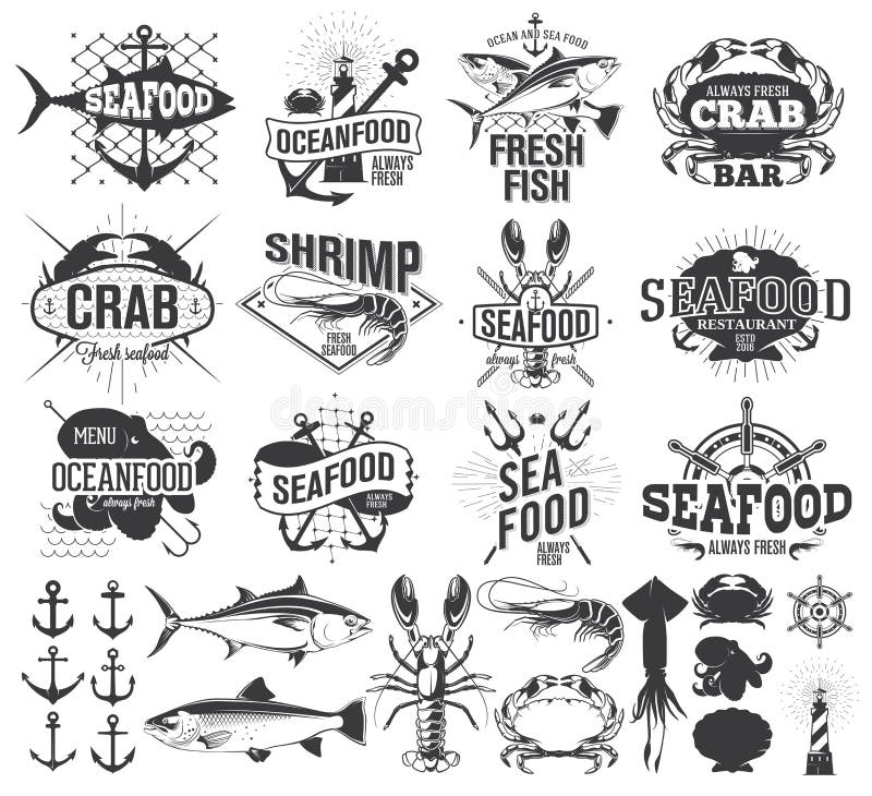 Etichette, logo ed illustrazione dei frutti di mare illustrazione vettoriale Etichette, logo ed illustrazione dei frutti di mare illustrazione vettoriale