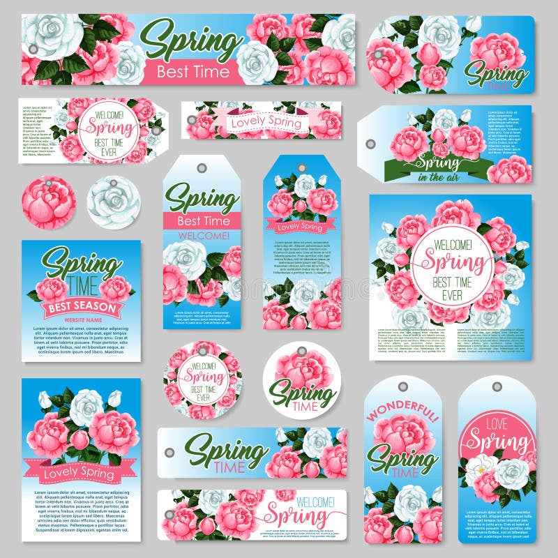 Etikett för gåva för vårrosblomma och hälsningkortuppsättning stock illustrationer Etikett för gåva för vårrosblomma och hälsningkortuppsättning stock illustrationer