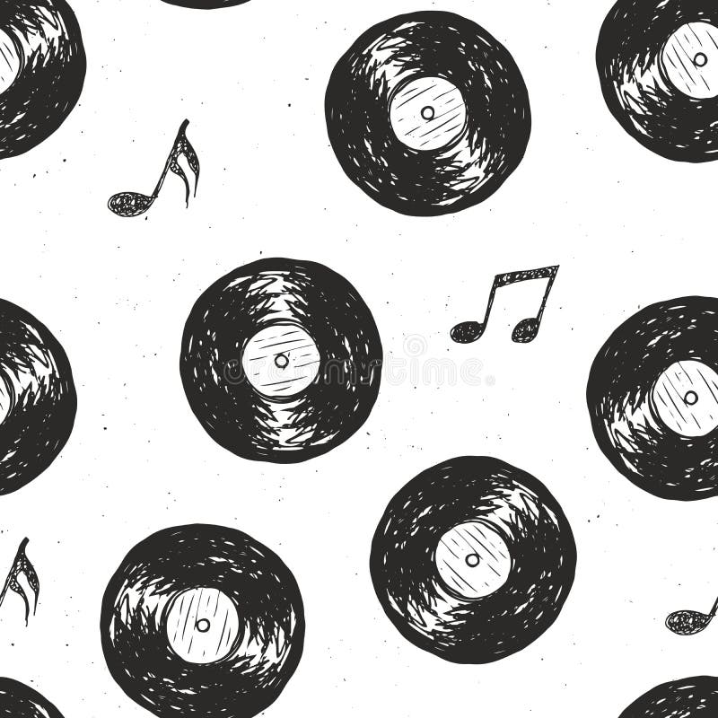 Etiketten för modellen för tappning för vinylrekordet skissar den sömlösa drog handen, det grunge texturerade retro emblemet, det vektor illustrationer Etiketten för modellen för tappning för vinylrekordet skissar den sömlösa drog handen, det grunge texturerade retro emblemet, det vektor illustrationer