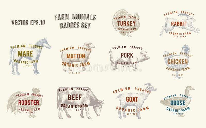 Etiketten met landbouwbedrijfdieren Vastgestelde malplaatjesprijskaartjes voor winkels en markten van natuurvoeding Vectorillustr vector illustratie Etiketten met landbouwbedrijfdieren Vastgestelde malplaatjesprijskaartjes voor winkels en markten van natuurvoeding Vectorillustr vector illustratie