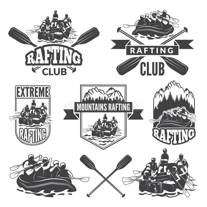 Etiketten voor sportclub van extreme gevaarlijke watersport Vectorbeelden van het rafting vector illustratie Etiketten voor sportclub van extreme gevaarlijke watersport Vectorbeelden van het rafting vector illustratie