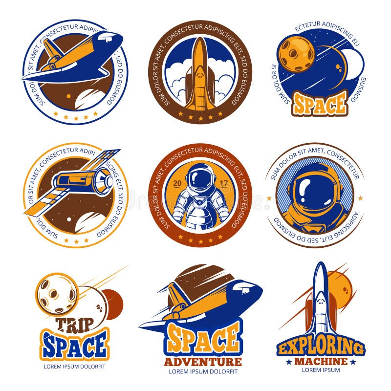 Etiketter för vektor för astronautflyg-, flyg-, rymdfärja- och rakettappning, logoer, emblem, emblem stock illustrationer Etiketter för vektor för astronautflyg-, flyg-, rymdfärja- och rakettappning, logoer, emblem, emblem stock illustrationer