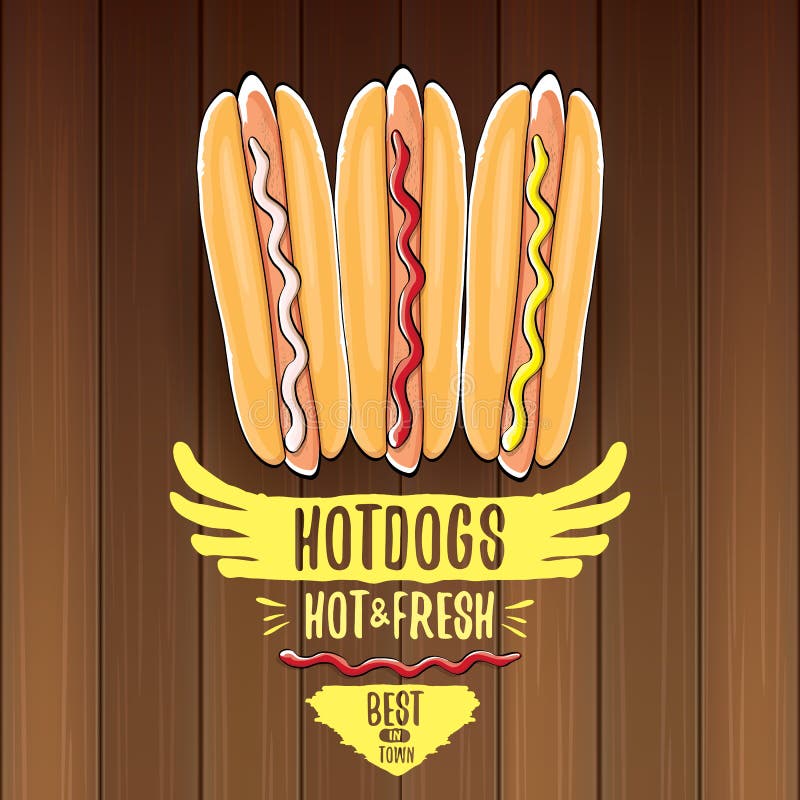 Etiqueta de los perritos calientes de la historieta del vector aislada en fondo de madera de la tabla Cartel del perrito caliente stock de ilustración Etiqueta de los perritos calientes de la historieta del vector aislada en fondo de madera de la tabla Cartel del perrito caliente stock de ilustración