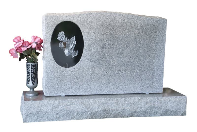Etiqueta de plástico grave de la piedra sepulcral en blanco aislada con las flores