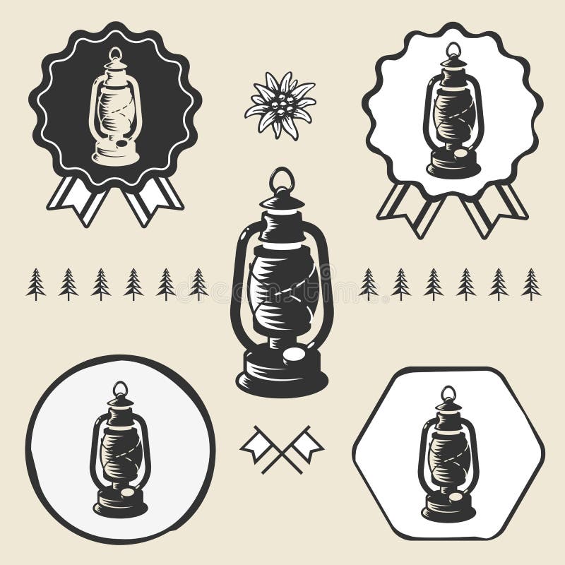 Etiqueta do emblema do símbolo do vintage da lanterna da lâmpada de querosene ilustração do vetor