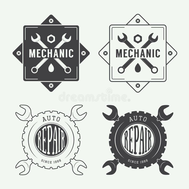 Etiqueta, emblema y logotipo del mecánico del vintage