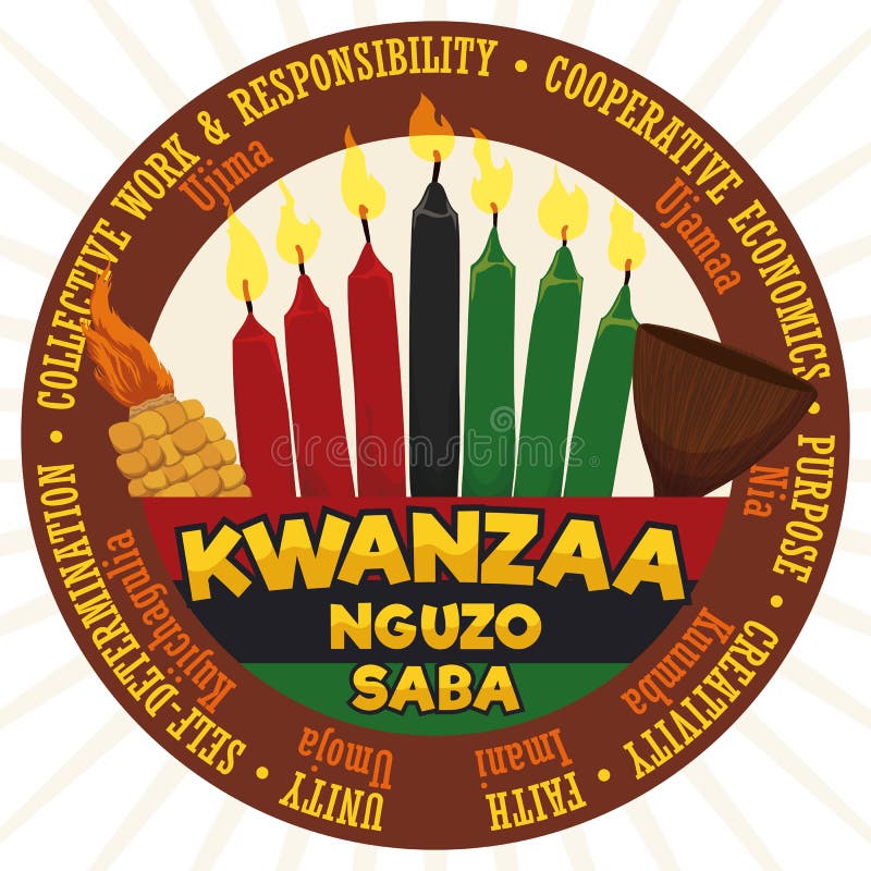 Etiqueta redonda com elementos e princípios tradicionais para a celebração de Kwanzaa, ilustração do vetor