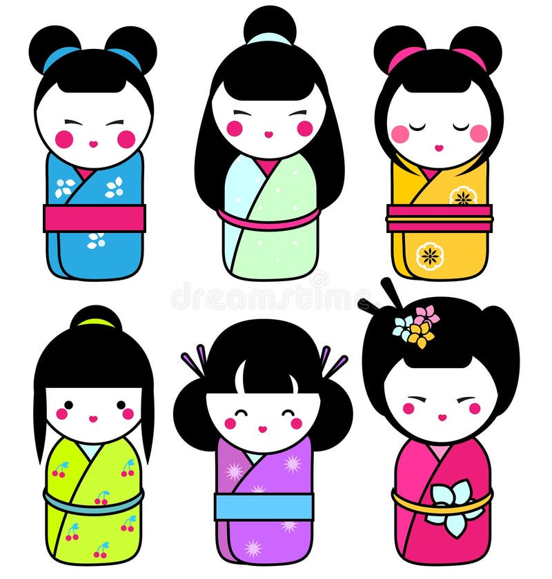 Kawaii Pequenas Bonecas Kokeshi Tradicionais Meninas Japonesas Quimono  Ilustrações Vetoriais imagem vetorial de arizona--dream© 439552022