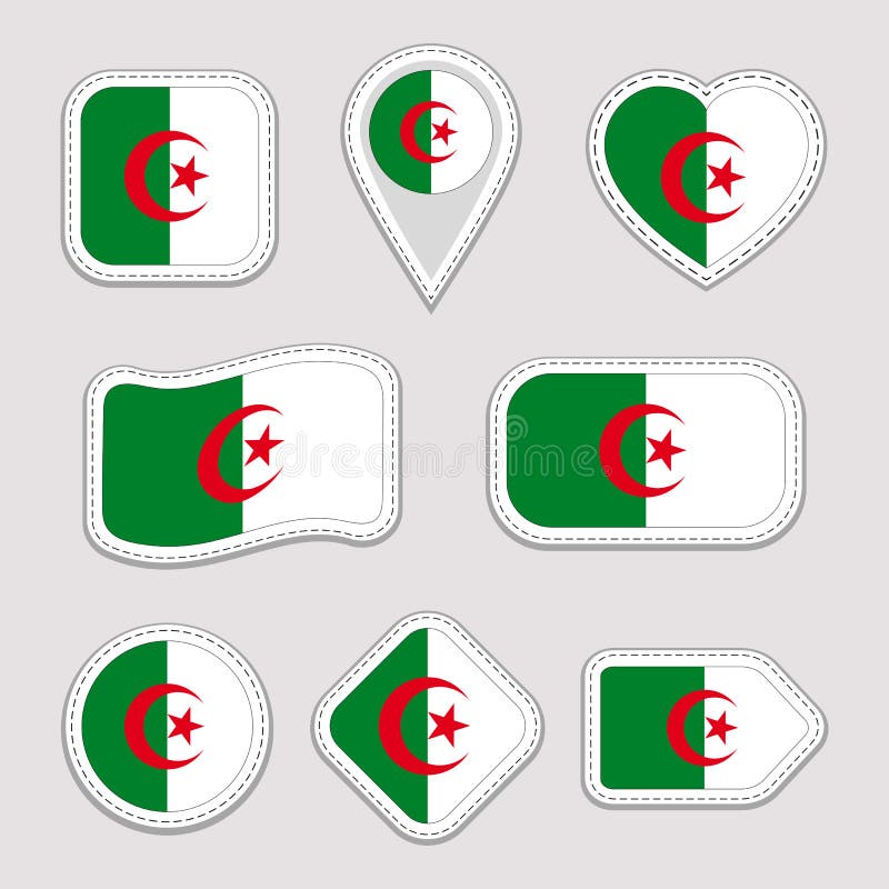 Etiquetas da bandeira de Argélia ajustadas Crachás argelinos dos símbolos nacionais Ícones geométricos isolados O oficial do veto ilustração do vetor Etiquetas da bandeira de Argélia ajustadas Crachás argelinos dos símbolos nacionais Ícones geométricos isolados O oficial do veto ilustração do vetor