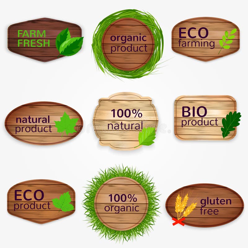 Etiquetas de madera de Eco, bages, colección de las etiquetas engomadas con las hojas del verde e hierba - bio y producto natural ilustración del vector