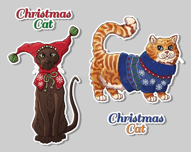 Etiquetas dos gatos do vetor: Animais de estimação do Natal na roupa ilustração stock Etiquetas dos gatos do vetor: Animais de estimação do Natal na roupa ilustração stock