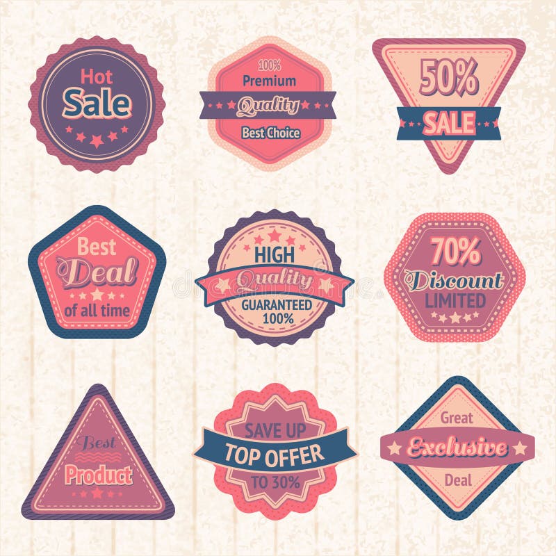 Etiquetas e insignias de la venta del vintage fijadas stock de ilustración Etiquetas e insignias de la venta del vintage fijadas stock de ilustración