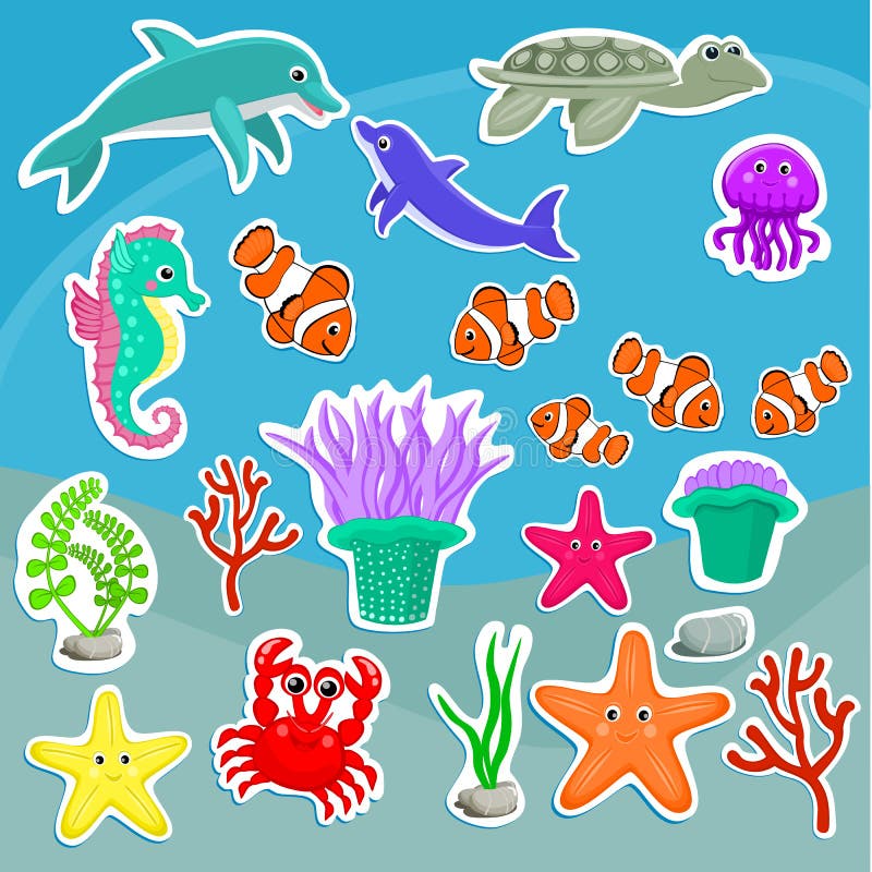 Etiquetas engomadas animales estrellas de mar, medusas, delfín, cangrejo, tortuga, anémona de mar, pescado del payaso, seahorse, stock de ilustración Etiquetas engomadas animales estrellas de mar, medusas, delfín, cangrejo, tortuga, anémona de mar, pescado del payaso, seahorse, stock de ilustración