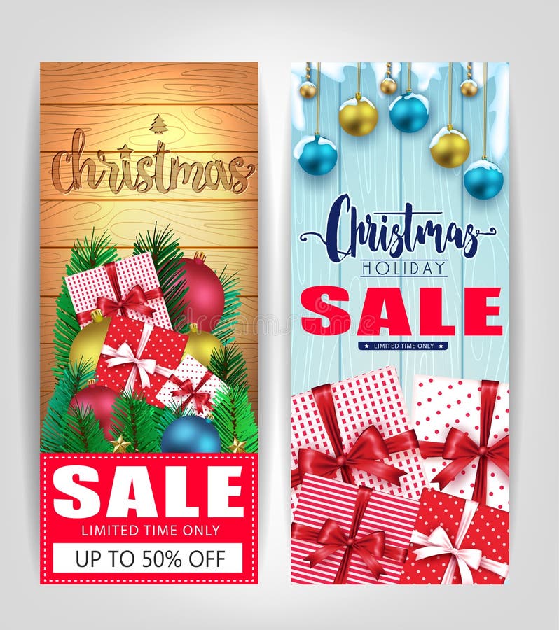 Etiquetas o cartel de la venta de la Navidad fijado con el fondo de madera de diverso color stock de ilustración
