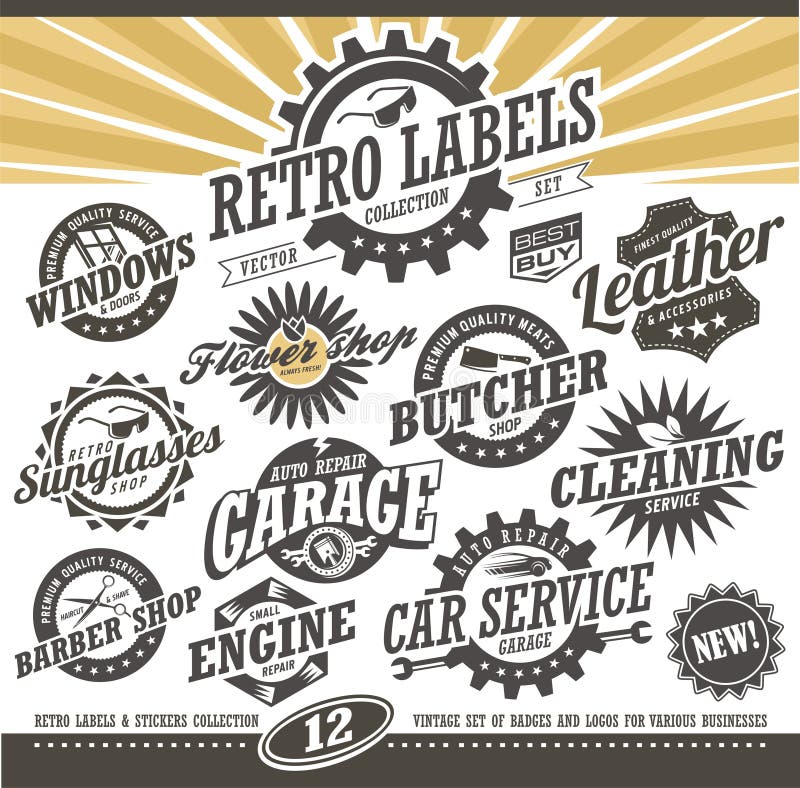 Coleção de rótulos e autocolantes retro ilustração royalty free
