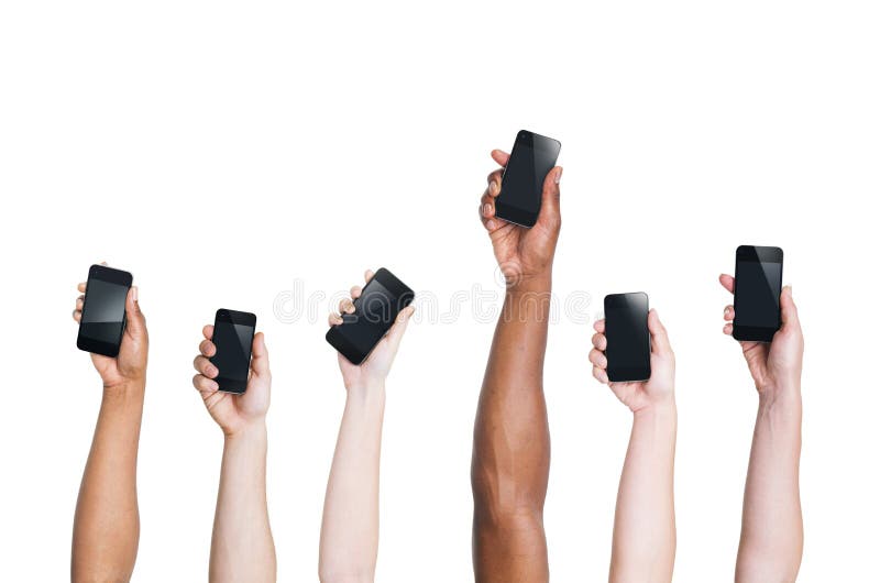etniczne ręki Podnosi Smartphones i Jeden pozycję Out zdjęcia stock etniczne ręki Podnosi Smartphones i Jeden pozycję Out zdjęcia stock