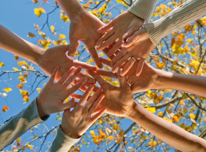 Four teens of varying nationalities reaching towards each other's hands outdoors in the fall. Four teens of varying nationalities reaching towards each other's hands outdoors in the fall