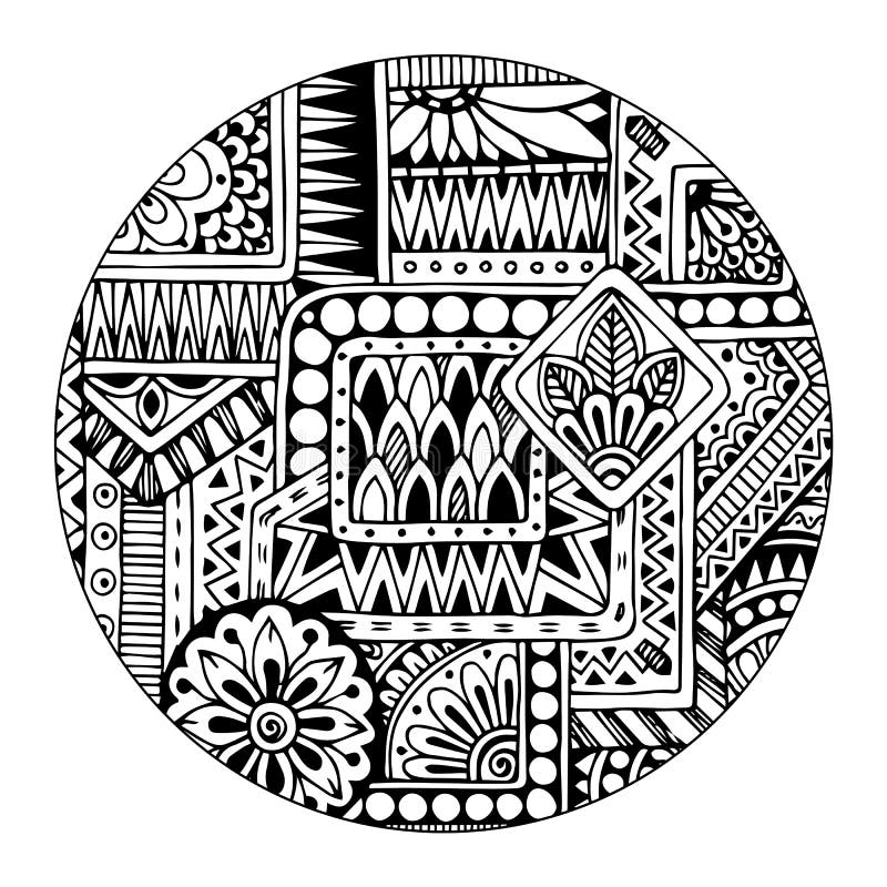 Etnisch stammenpatroon in cirkel Zwart-witte mozaïekmandala Abstracte vectorachtergrond Gestreept geometrisch stammenpatroon vector illustratie Etnisch stammenpatroon in cirkel Zwart-witte mozaïekmandala Abstracte vectorachtergrond Gestreept geometrisch stammenpatroon vector illustratie