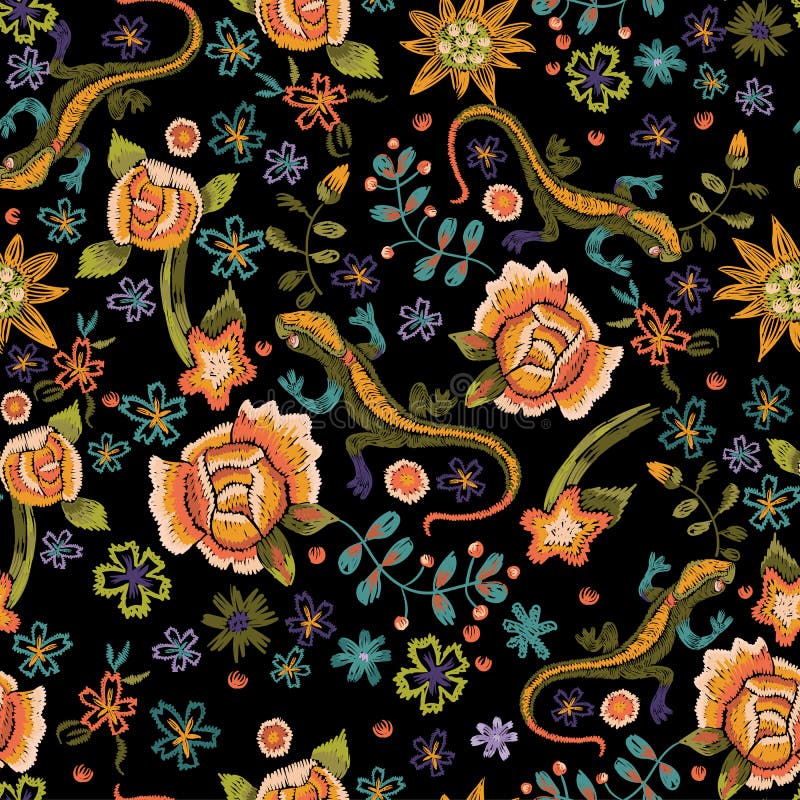 Etnisk sömlös modell för broderi med ödlor och blommor Vec royaltyfri illustrationer Etnisk sömlös modell för broderi med ödlor och blommor Vec royaltyfri illustrationer