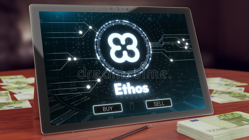 Etosu cryptocurrency logo na komputer osobisty pastylce, 3D ilustracja ilustracji Etosu cryptocurrency logo na komputer osobisty pastylce, 3D ilustracja ilustracji
