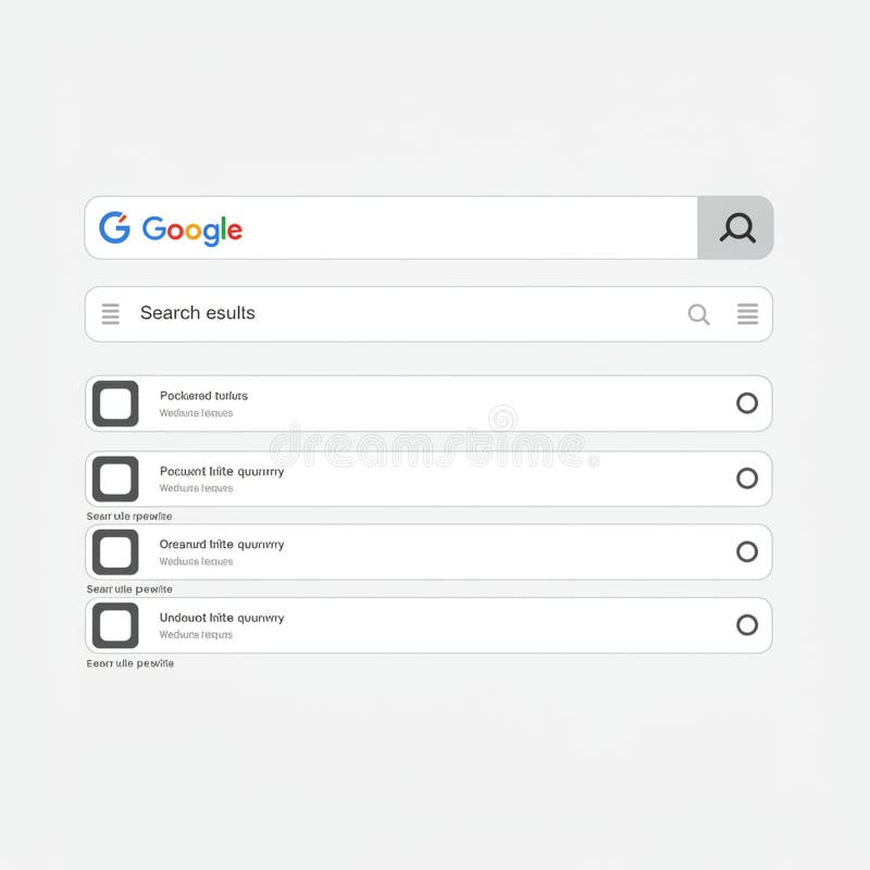 Ett användargränssnitt liknar en Google-sökresultatsida med ett sökfält med stock illustrationer