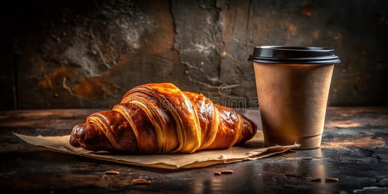 Ett arkastiskt hänförande av ännu livstidsarkitektonisk fotografi fångar vädret hos en kroissant och kaffe royaltyfri illustrationer