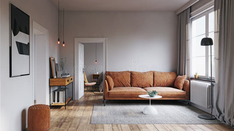 Ett bekvämt vardagsrum med ett brunsofa-trägolv stock illustrationer