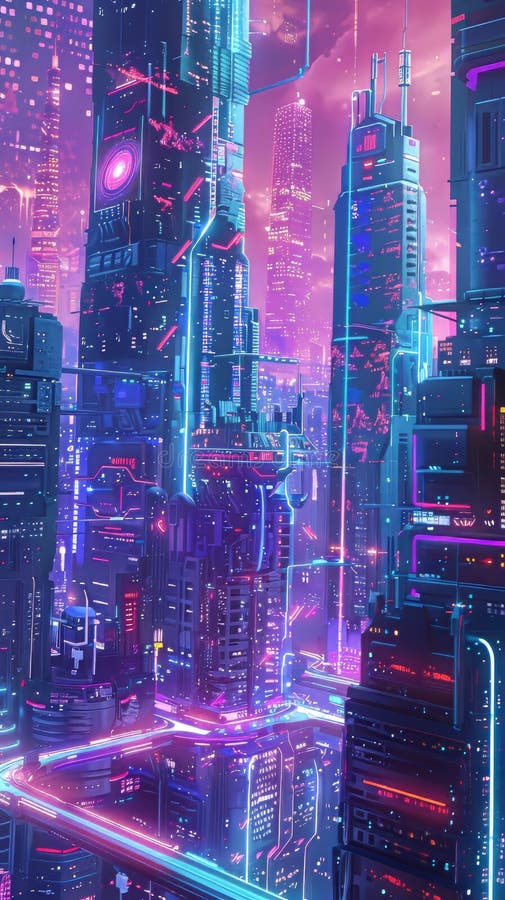 Ett cybernetiskt citysslage som tappas i ljusglödens glöd royaltyfri illustrationer