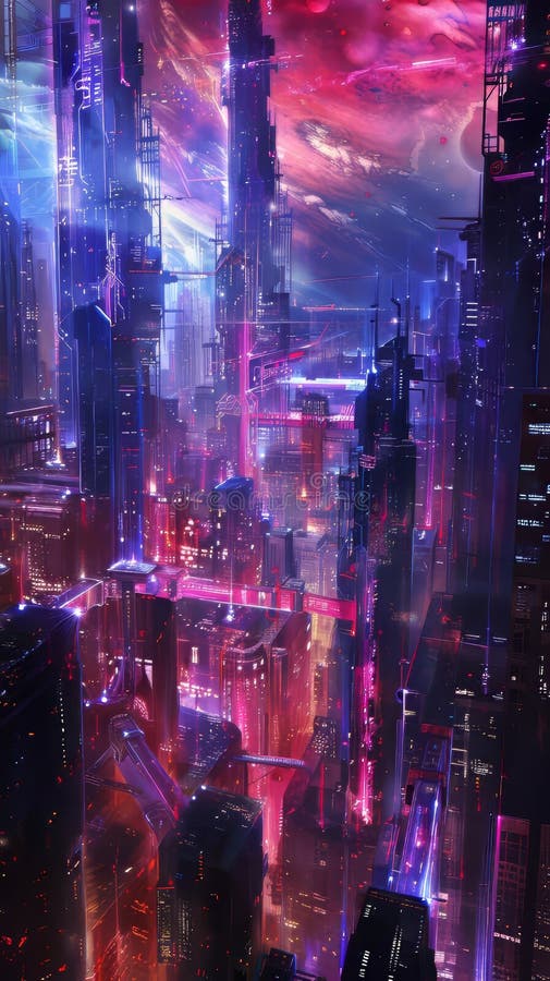 Ett cybernetiskt citysslande med energi från tusen digitala sinnen vektor illustrationer