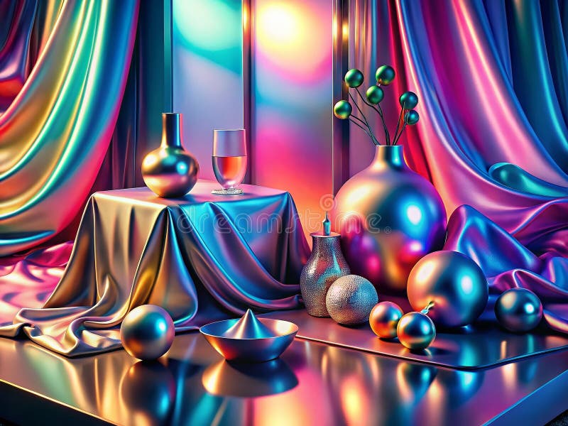 Ett Dreamlike still Life Exquisite Silver-objekt i en eteral Surreal-inställning med en häpnadsväckande visning av metallisk skönh vektor illustrationer