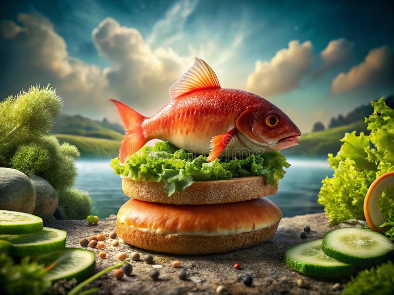 Ett drömliknande liv som en unik fusion av Bagel Red Fish och gurka i en otrolig inställning vektor illustrationer
