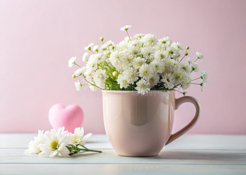 Ett drömliknande liv, sura vita blommor en känslig rosa mug och ett hjärta i en liten floral royaltyfri illustrationer