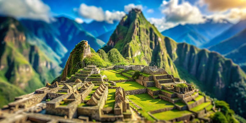 Ett drömliknande tiltshift panorama av machu picchu-urgamla peruanska ruiner nedsänkta i lush och landskap som fångats i royaltyfri illustrationer