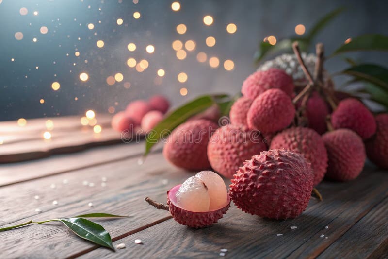 Ett drömlikt stilleben med litchifrukter: Delikata rosa frukter mot rustikt trä som framkallar en surrealistisk och fantasifull at vektor illustrationer