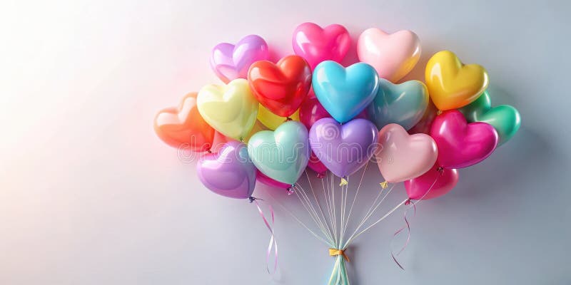 Ett dynamiskt kluster av pastel- och ljusa hjärtformade ballonger som är bundna med ett band-golv mot en mjuk bakgrund royaltyfri illustrationer