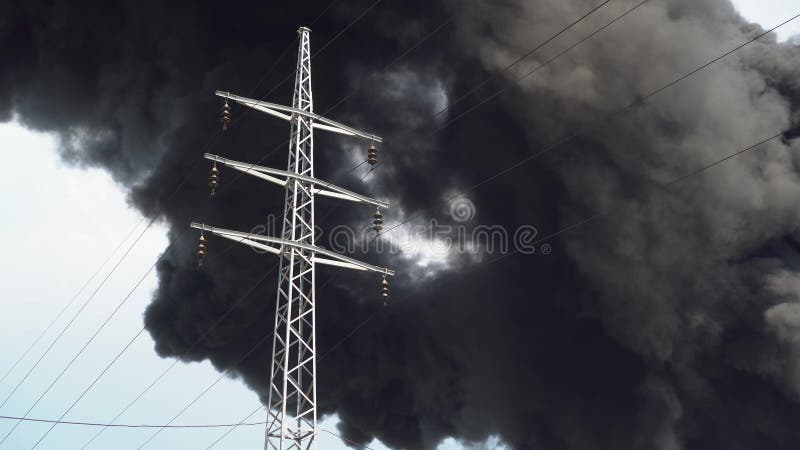 An electric tower stands against a background of black smoke. A big chemical fire at a factory building. Thick black smoke covers the sky. 4k. An electric tower stands against a background of black smoke. A big chemical fire at a factory building. Thick black smoke covers the sky. 4k