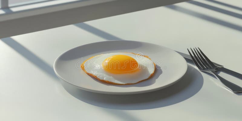 Ett enda frigjort ägg med grumliga kanter och en ljus gulk vilar på en minimalistisk platta åtföljd av arkivfoto