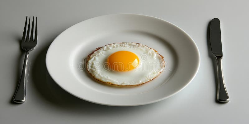 Ett enda frigjort ägg med grumliga kanter och en ljus gulk vilar på en minimalistisk platta åtföljd av royaltyfri bild