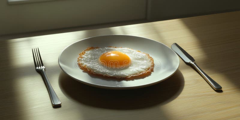 Ett enda frigjort ägg med grumliga kanter och en ljus gulk vilar på en minimalistisk platta åtföljd av arkivbild