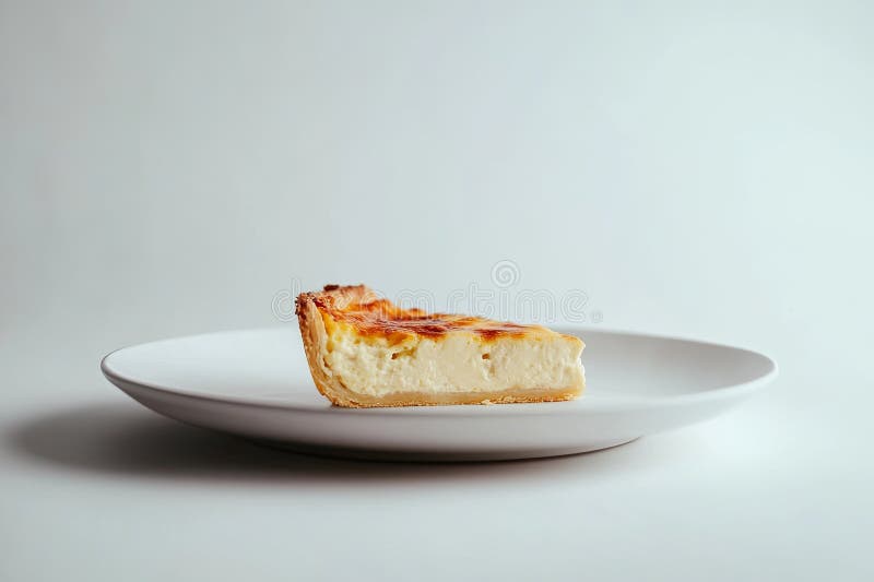 Ett enda veck av quiche på en minimalistisk platta med ljusbakgrund arkivbild