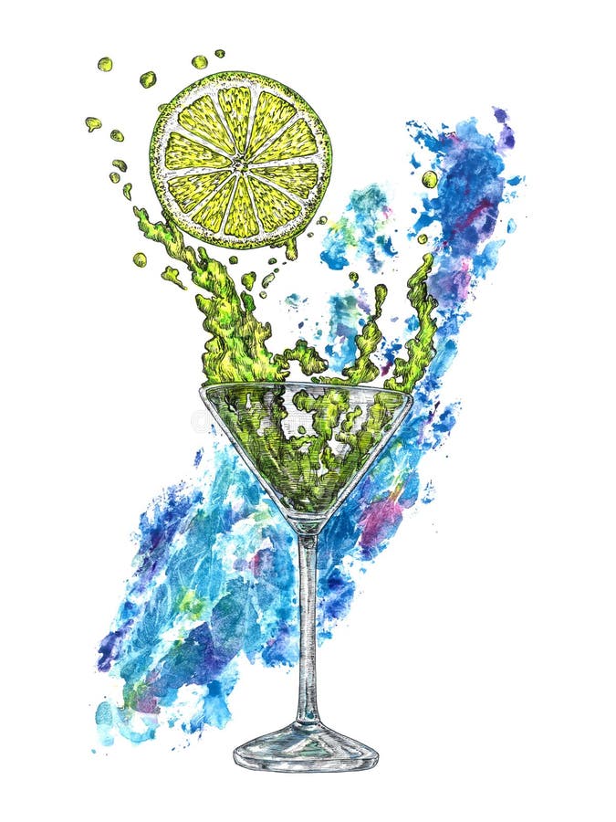 Ett exponeringsglas av margaritacoctailen och ett stycke av citronen med blå abstrakt målarfärgfärgstänk på bakgrund, hand målade vektor illustrationer Ett exponeringsglas av margaritacoctailen och ett stycke av citronen med blå abstrakt målarfärgfärgstänk på bakgrund, hand målade vektor illustrationer